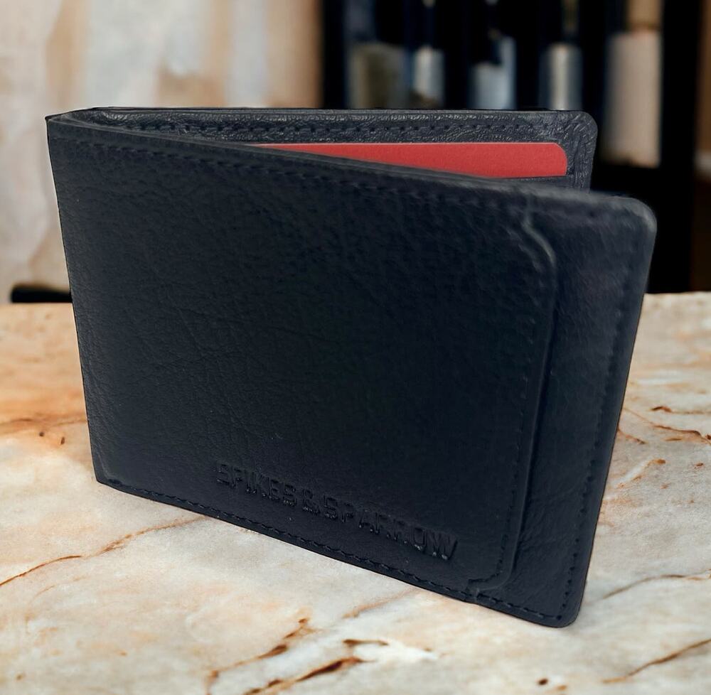 Spikes and Sparrow Mens Black Leather Classic Bifold Wallet Slim Cards ID Window